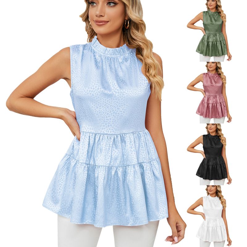 Abbigliamento da donna Canotte senza maniche larghe con scollo tondo pieghettato tinta unita_voghion.com