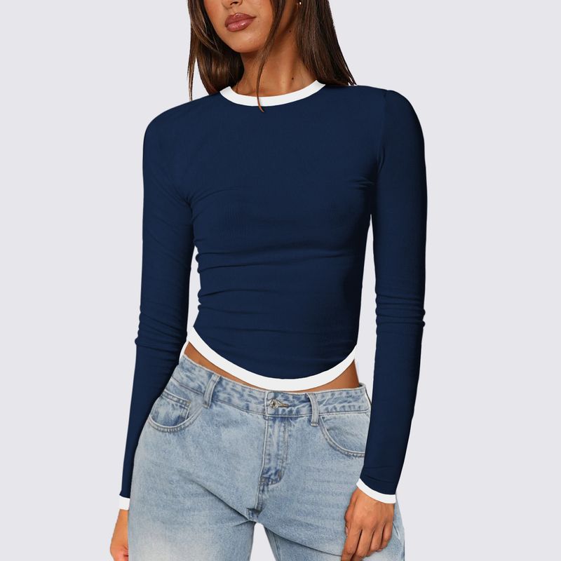 Blusa feminina primavera verão 2025, manga comprida, gola redonda, slim fit, bloco de cores_voghion.com