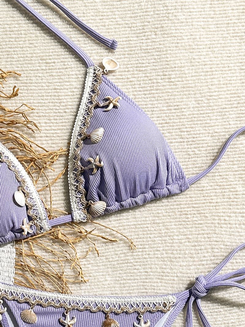Women's Clothing Swimsuit Women New Shell Bikini Triangle Cup Sexy Halter Neck Strap Lace Up Swimsuit_voghion.com