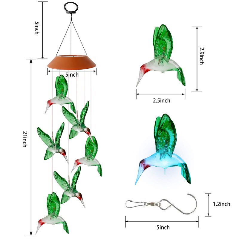 Nuovo campanello eolico solare da esterno con luce LED colorata sfumata, colibrì, conchiglia rossa, piccolo uccello colorato_voghion.com