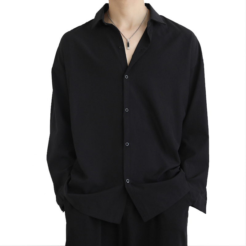 Camicia nera con drappeggio in seta ghiaccio allentata, giacca da uomo dk autunnale alla moda e bella a maniche lunghe da uomo, camicia bianca casual da uomo_voghion.com