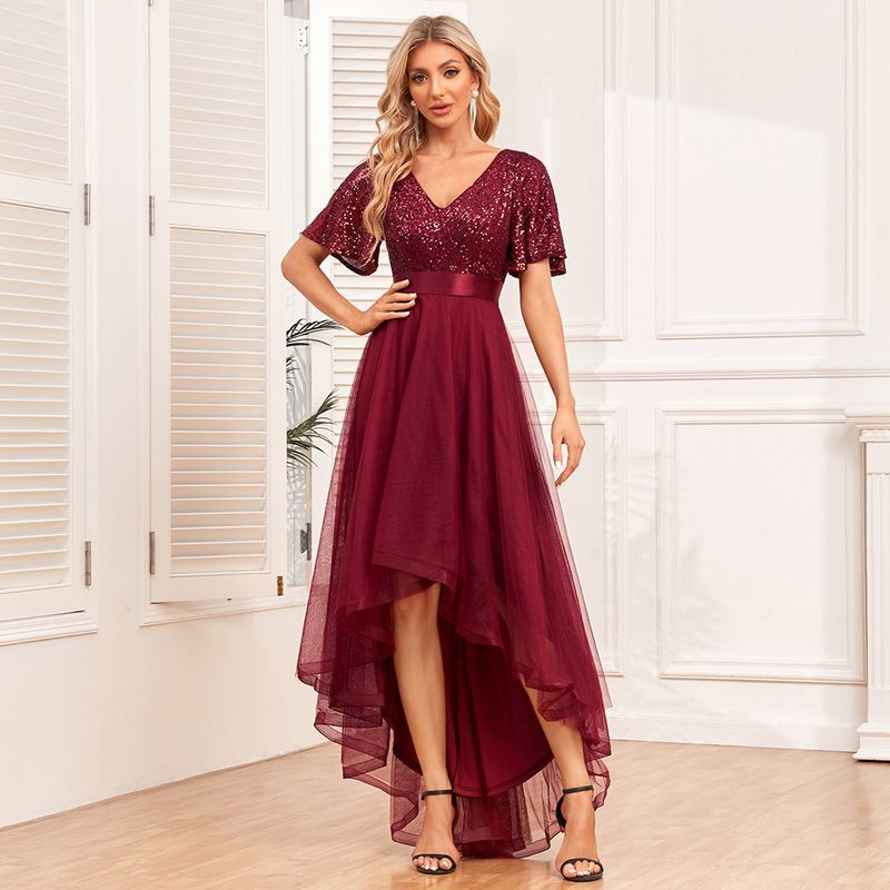 Robe de soirée élégante à volants et manches courtes pour femme avec taille élastique et jupe longue irrégulière en tulle moelleux_voghion.com