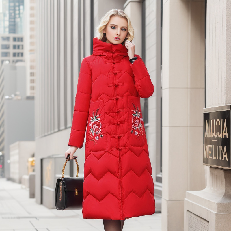 Ethnic style 2021 winter new polyester cotton long embroidered button hooded jacket factory sales_voghion.com