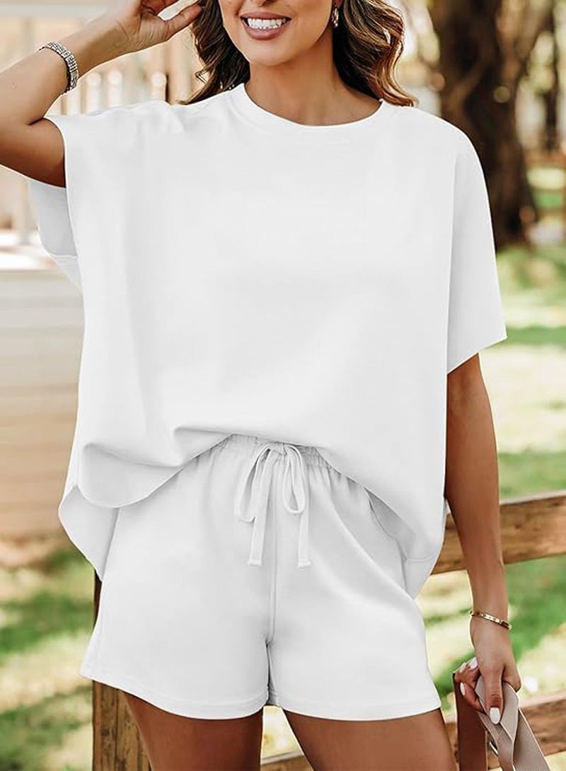Women's 2 Piece Lounge Set Oversized Crewneck Short Sleeve Top And Drawstring Shorts Soft Pajama Set White Medium Size_voghion.com