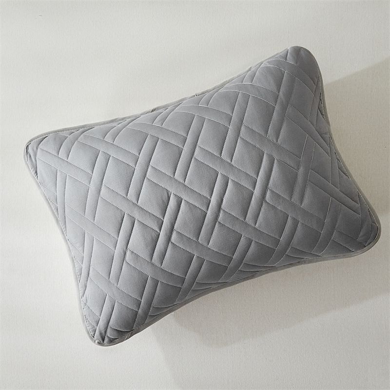 Soft Brushed Washed Cotton Quilted Bedspread Set - 3 Piece Reversible Modern Minimalist Design For 5ft Bed, Light Gray & Multi Check Patterns_voghion.com