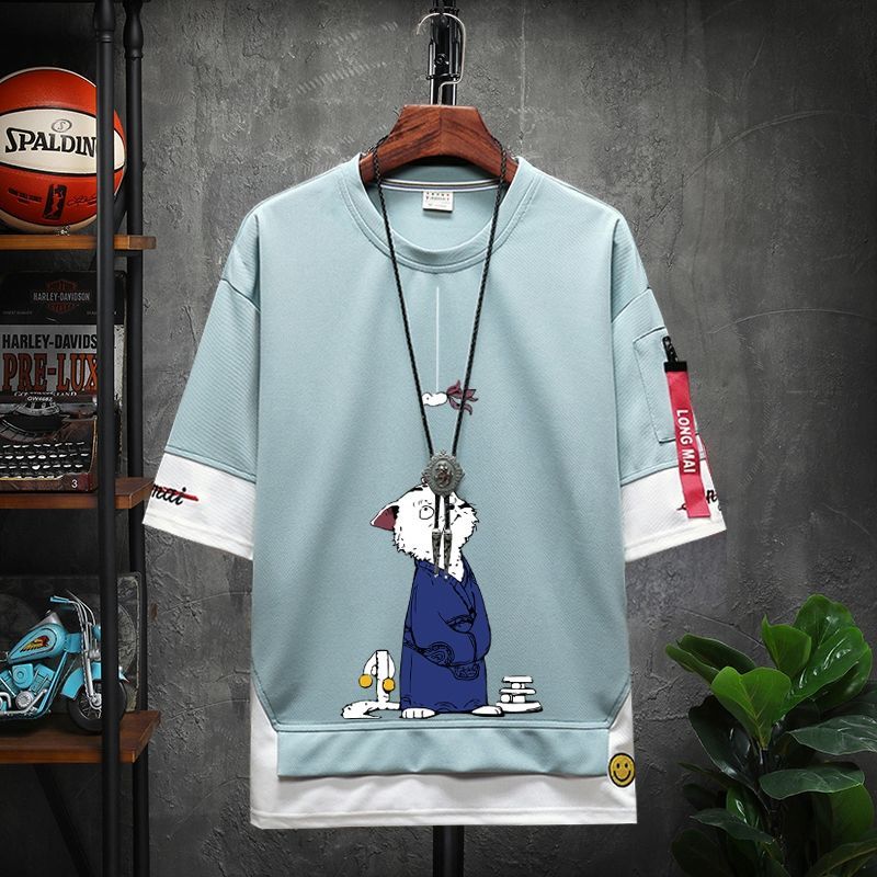 Summer printed short T-shirt, men's trendy brand loose fitting two-piece, quarter Instagram trend versatile half sleeved_voghion.com