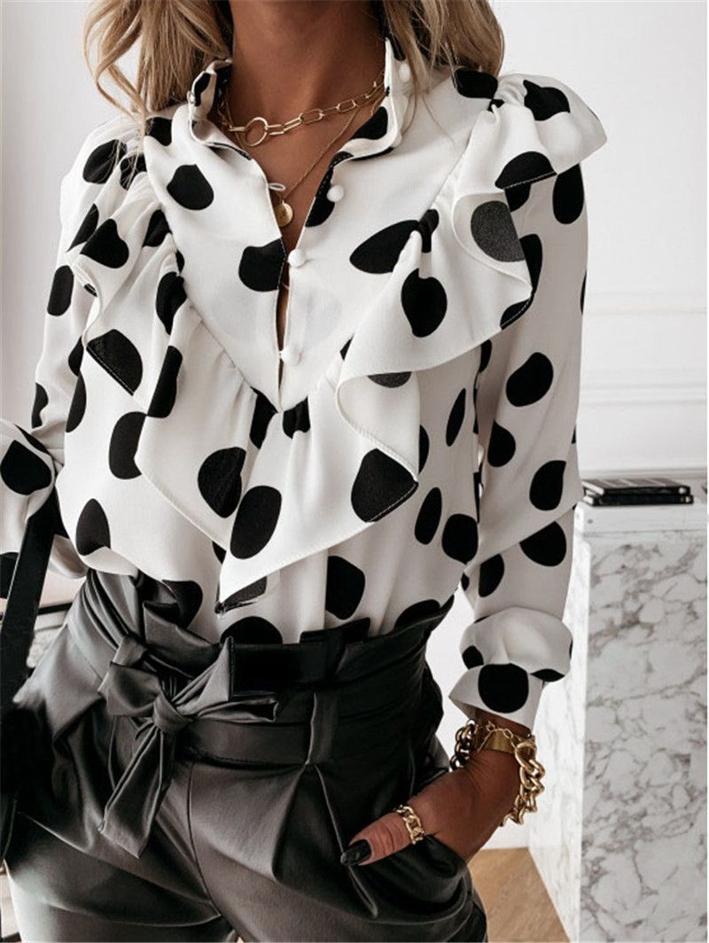 Women's Clothing Long Sleeve Ruffled Edge V-neck Pullover Button-up Shirt_voghion.com