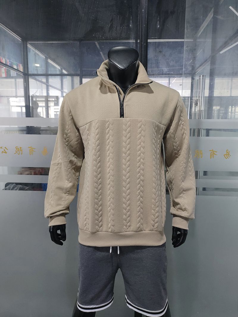 Suéter casual estilo americano com gola alta e zíper, solto, de malha, patchwork, jacquard, outono inverno, manga comprida_voghion.com