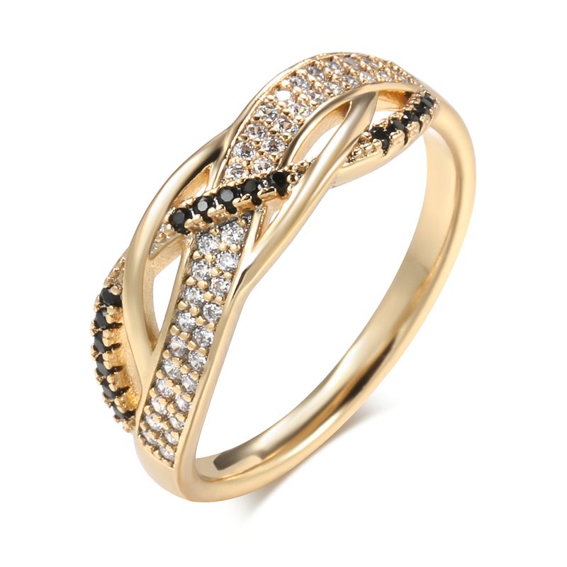 Ready Stock 585 Rose Ring Two Cross Black White Zircon Bling Gold Plating Fashion Fine Summer French Trend Jewelry Anillo Joyas_voghion.com