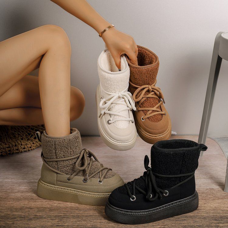 Women's Shoes large size thick bottom cross strap snow boots autumn and winter new thickened mid tube knee length warm women's boots_voghion.com