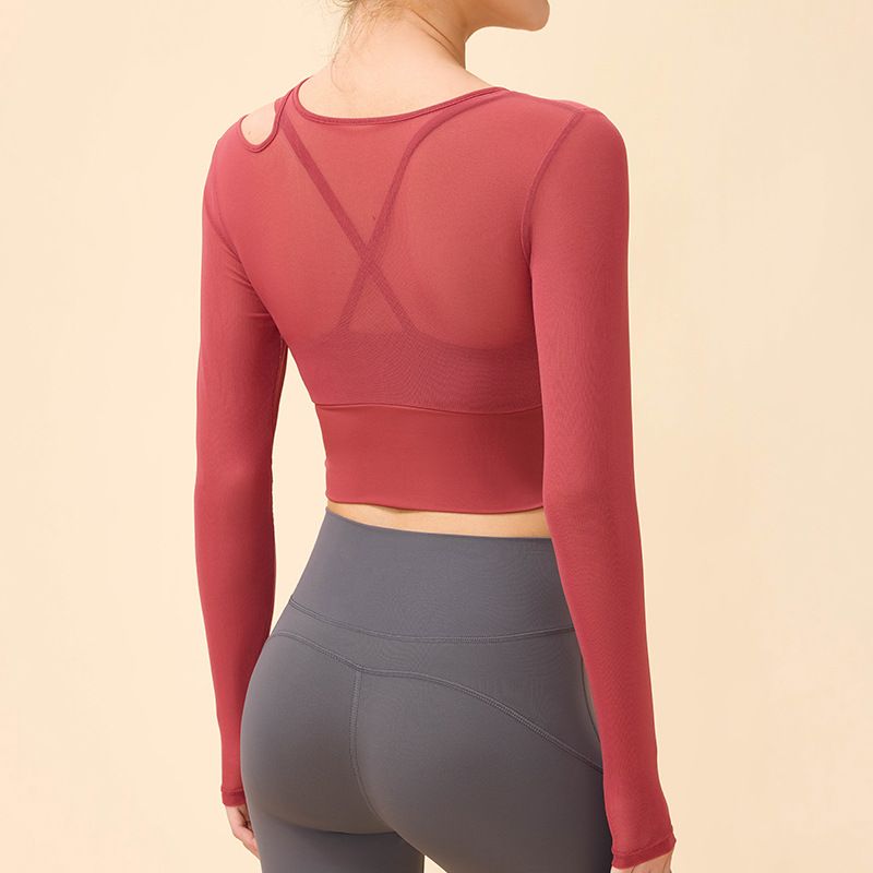 vvcx 2025s Spring Summer New Mesh Two-Piece Yoga Long Sleeve Top Women Single Shoulder Hollow Out Free Two-Way Running Fitness_voghion.com