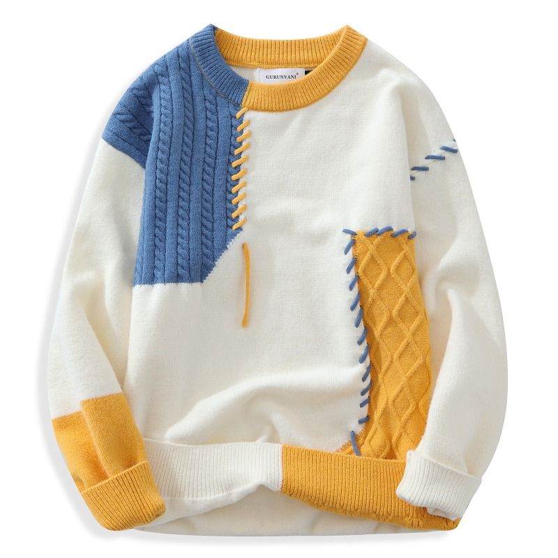 Pulls chauds pour hommes et femmes, style coréen, patchwork, col rond, tricotés, tendance, automne-hiver 2025_voghion.com