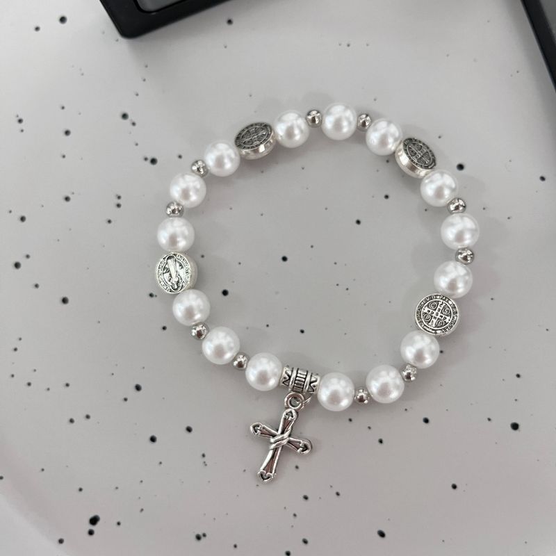 Artificial Pearl Cross Handmade Elastic Beaded Bracelet Jewelry Gift_voghion.com