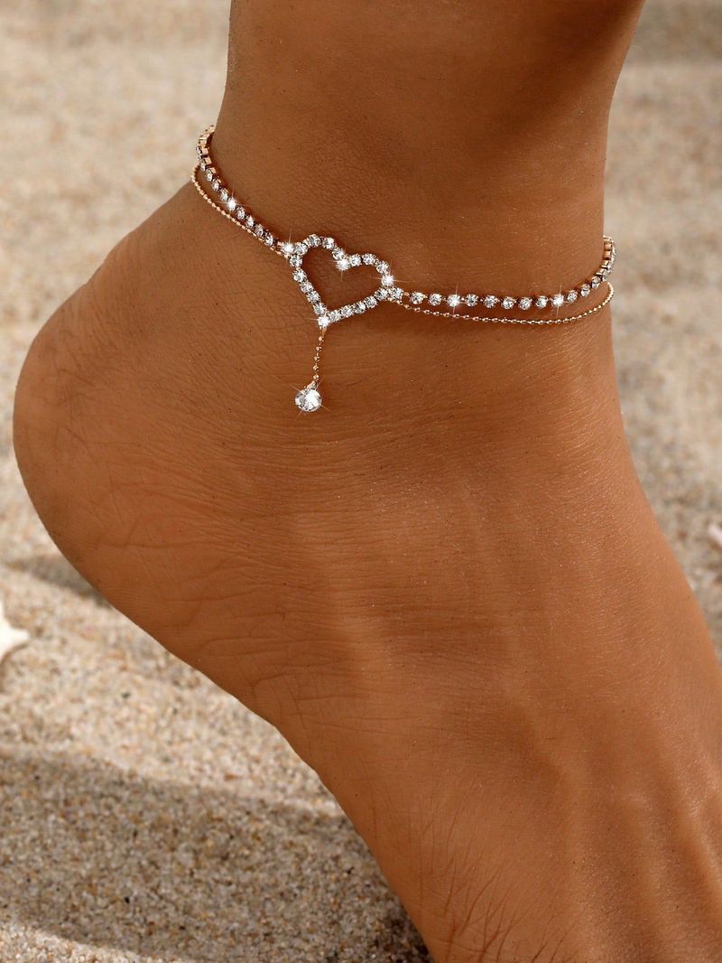 Light Luxury Style Unique Niche Rhinestone Fashion Shiny Heart Water Drop Bead Chain Anklet For Women_voghion.com