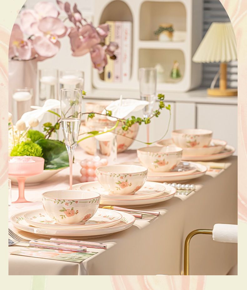 Romantic Pink High-Value Bowl Plate Set Home Use, Beautiful For Girls, Dining Bowls And Plates, Ceramic Underglaze Color_voghion.com