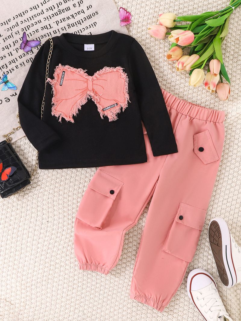 Kinderkleidung Kinderanzug Herbst- und Wintermode für Mädchen mit Schmetterlingspatch, Oberteil, Overall, Hose, zweiteiliger Anzug_voghion.com