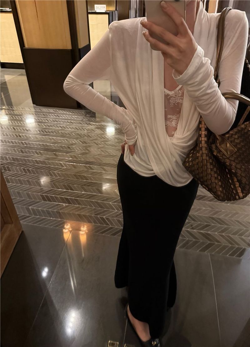 Sexy tričko ve francouzském stylu s výstřihem do V, mírně průhledné, pro ženy, jarní krajkový střih, s úzkým topem uvnitř_voghion.com