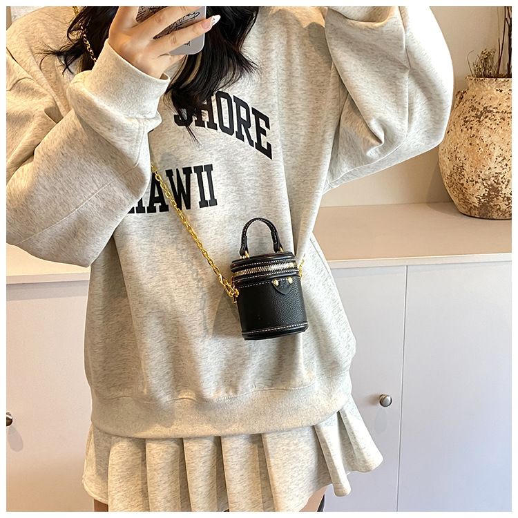 Borsa a secchiello da donna, mini borsa a secchiello rotonda con contrasto di colore, stile per famiglie, da portare a mano, piccola borsa a tracolla color rossetto, da donna_voghion.com
