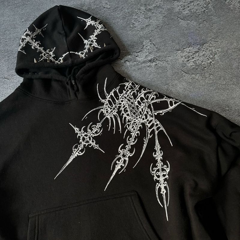 Felpa con cappuccio streetwear retrò Y2K - Felpa con cappuccio con stampa geometrica estetica scura, vestibilità oversize, felpa con cappuccio unisex per uomo e donna_voghion.com