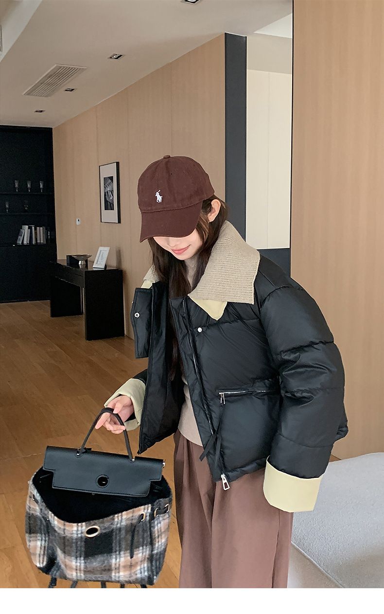 2024 European Knitted Short Down Jacket Women's Winter Fashion Splicing Doll Collar Cotton Coat Trend_voghion.com