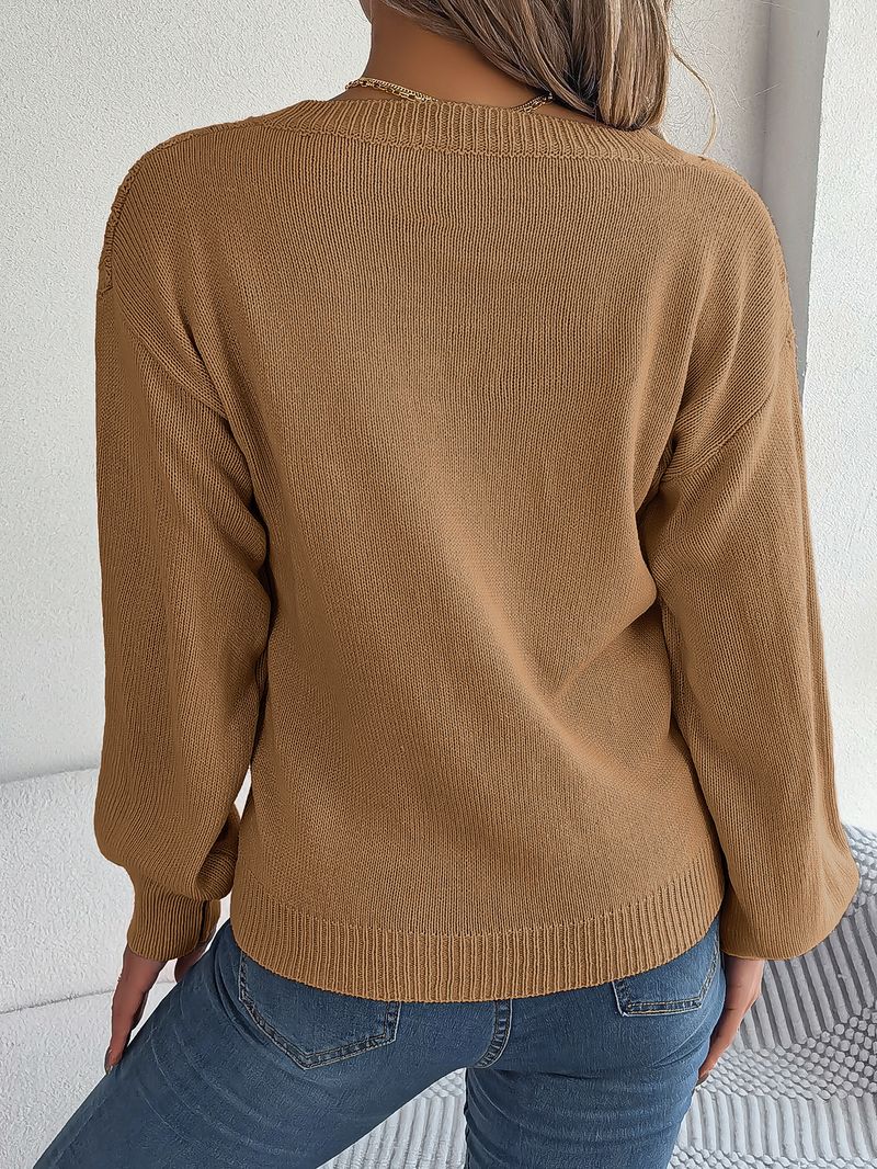 Maglione pullover con maniche a lanterna intrecciate e bottoni casual stile autunno inverno per donna_voghion.com