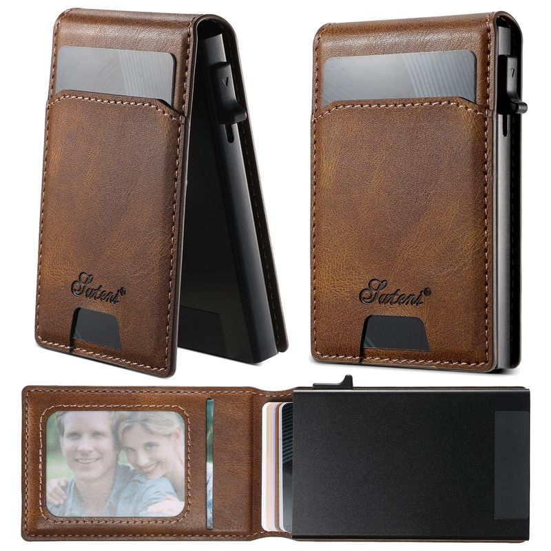 Card Cases Carbon Fiber Leather Keys Automatically Eject Card Case Card With Photo Frame Oil Wax Glossy Lychee Scrub_voghion.com
