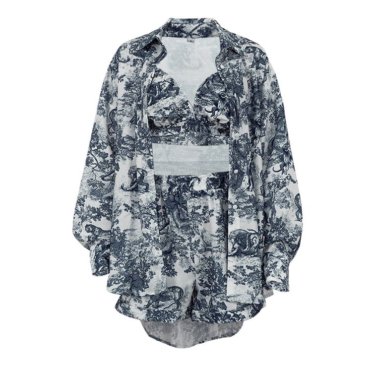 Abbigliamento da donna, nuovo stile retrò, camicia, bretelle, pantaloncini, abito, stampa a inchiostro, moda, tre pezzi_voghion.com
