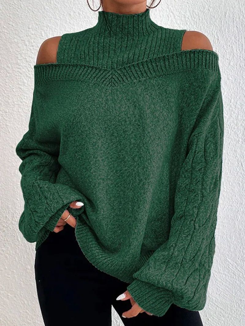 Damenmode, schulterfreier, halber Rollkragenpullover, locker gestrickt_voghion.com