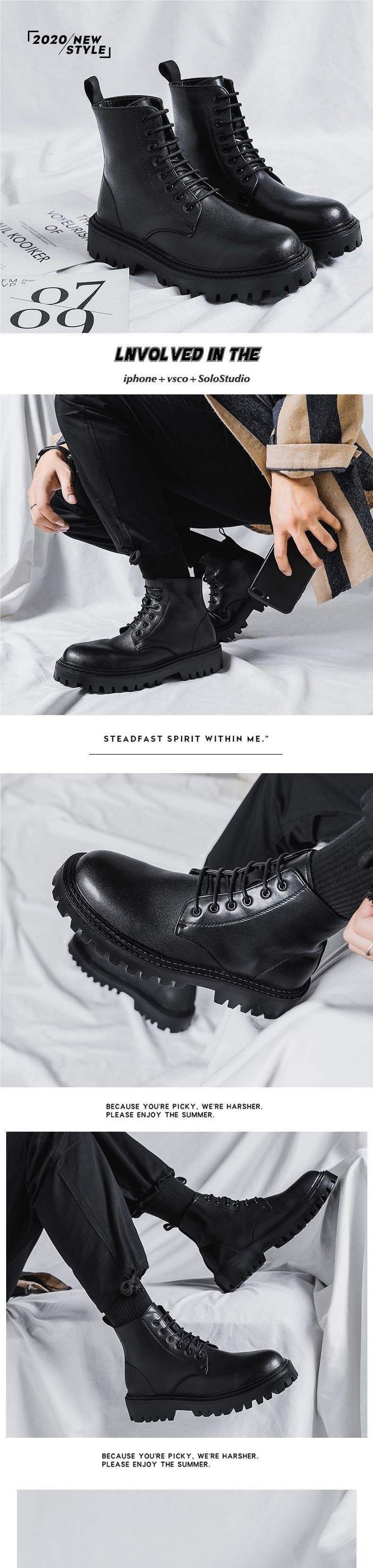 WalkPrime Martin Autumn High-top British Style Retro Men's Casual Leather Shoes Mid-top Waterproof Black Work Boots_voghion.com