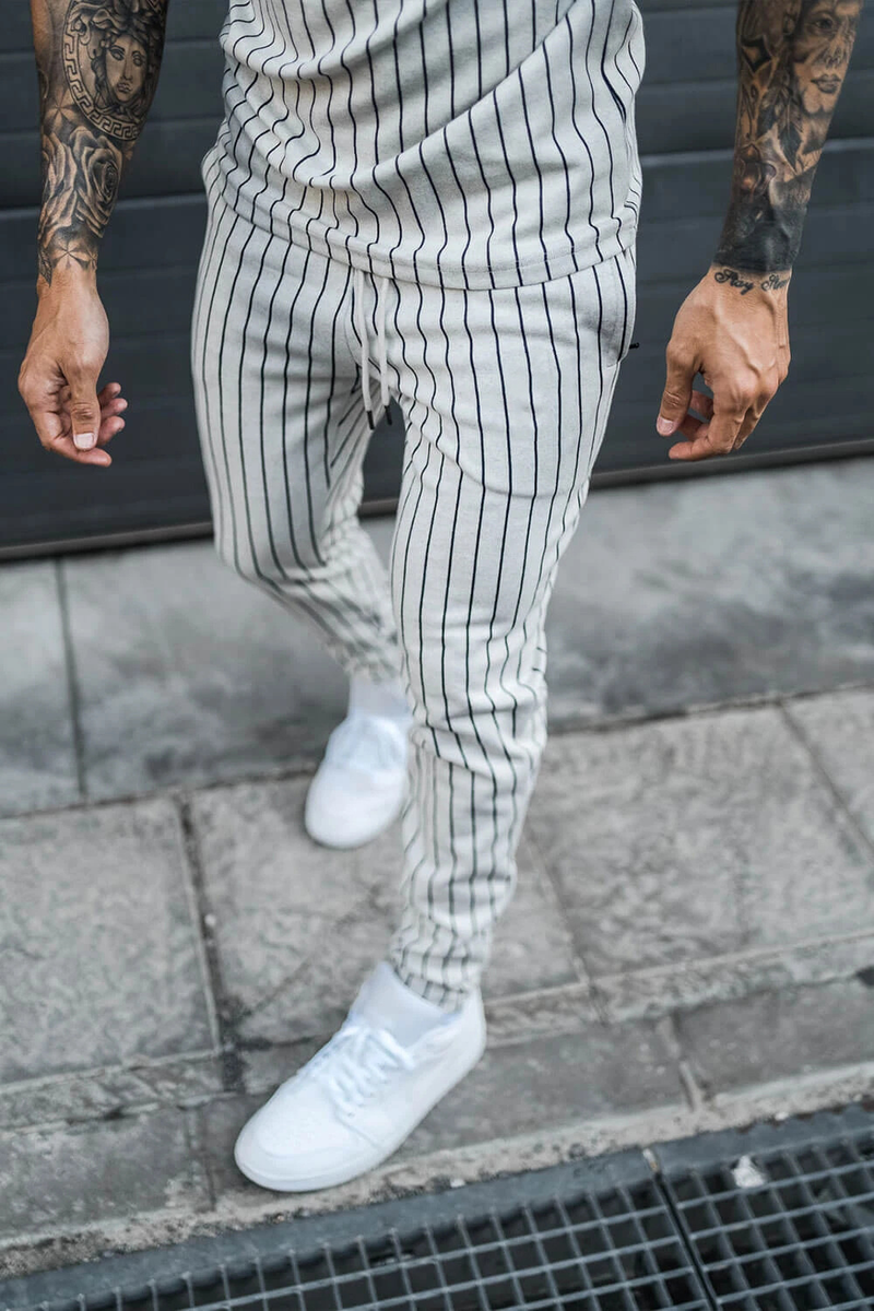 2024 New Spring and Autumn Stripe for Men's Fitness Running Long sleeved Sweater Slim Fit Pants Set_voghion.com