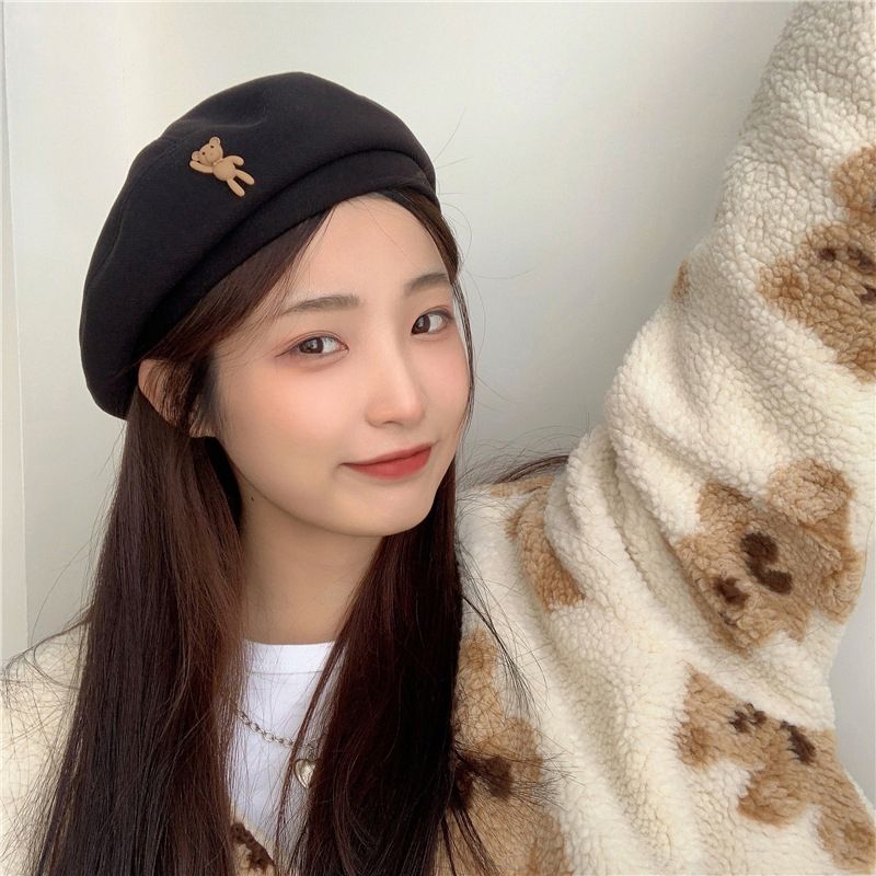 Nye ankomster i koreansk stil, elegant vinter, sød bjørn, ensfarvet baret, ulden malerhat, baretter i kasketter_voghion.com