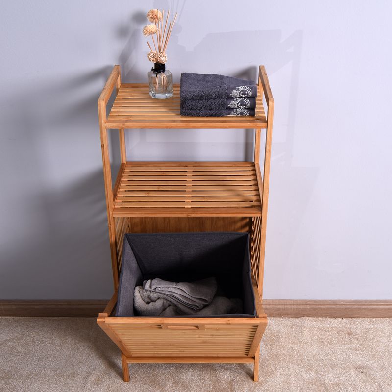 Bathroom Laundry Basket Bamboo Storage Basket with 2-tier Shelf 17.32 x 13 x 37.8 inch_voghion.com