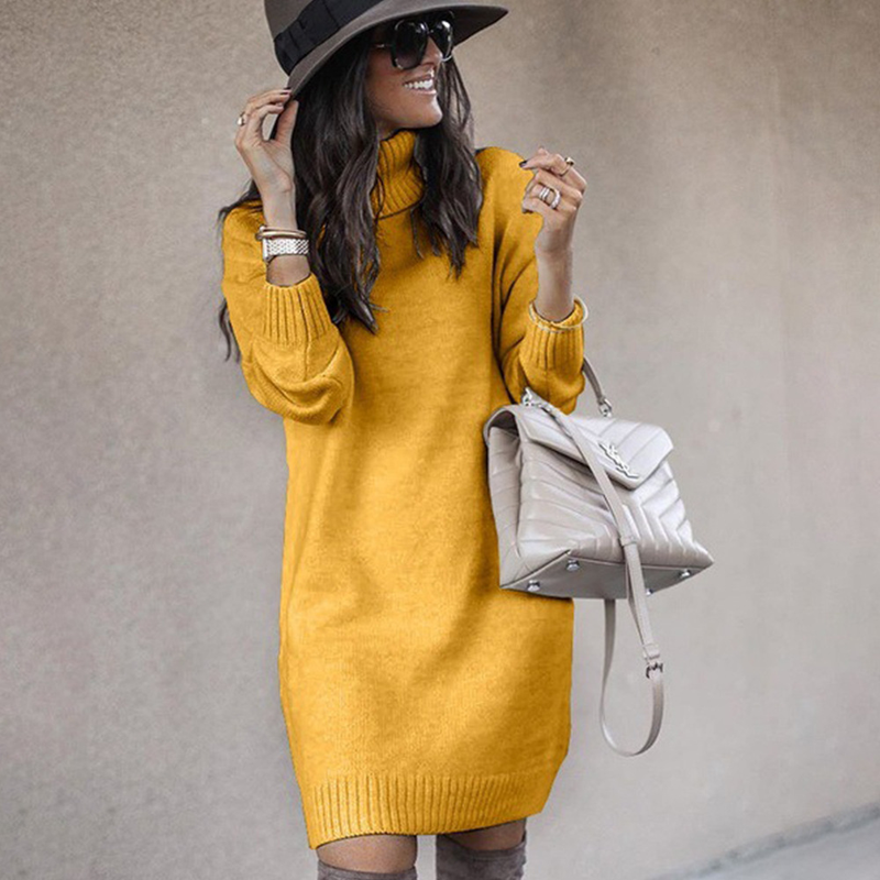 Pull à col roulé mi-long de couleur unie pour femme, haut à la mode_voghion.com