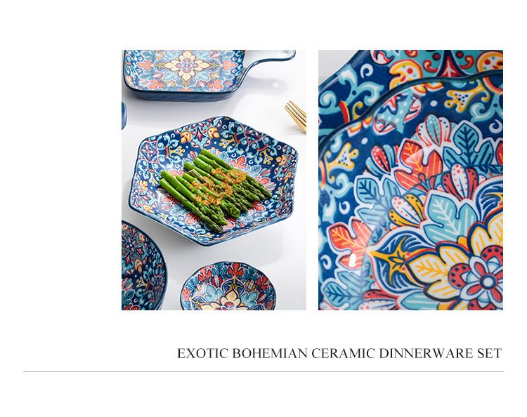 Baroque Style Ceramic Dinnerware Set - 16-Piece Handled Bowls & Plates For Rice & Soup_voghion.com