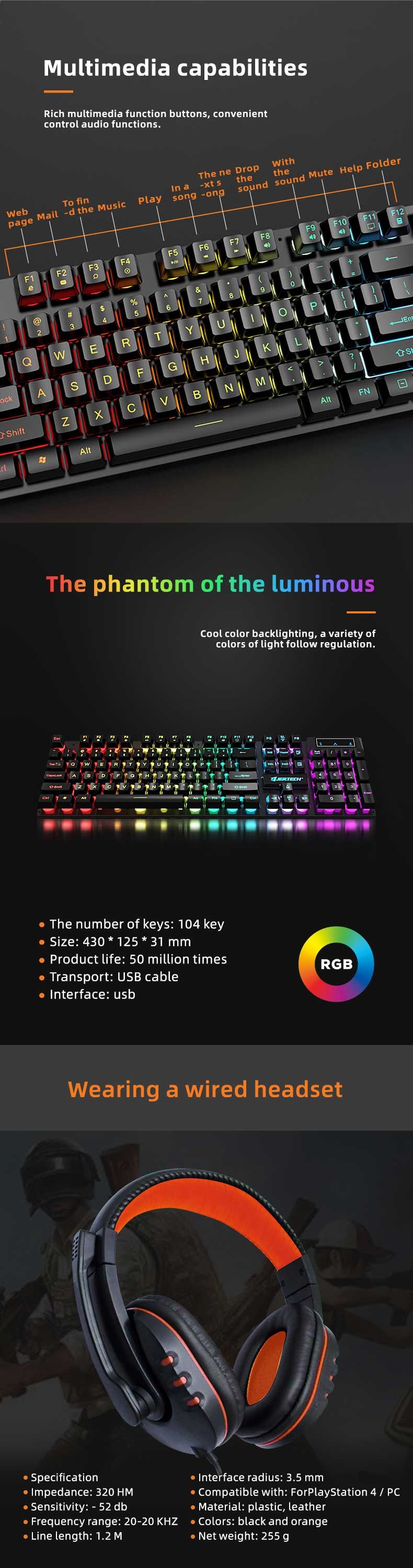 Gamers Combo Set Rainbow backlit Wired Gaming four-piece 4 in 1 Keyboard Headset Mouse Pad Combos for computer_voghion.com