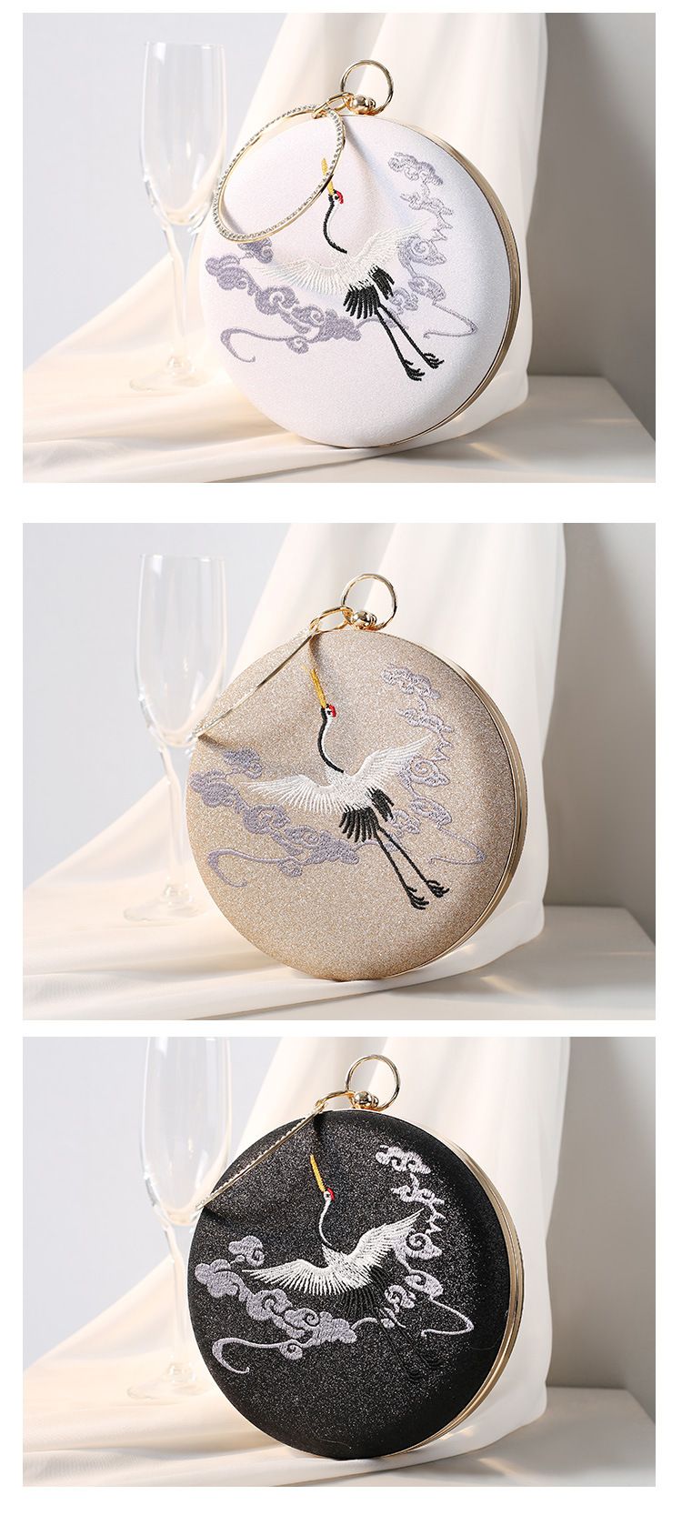 Pochette de soirée ronde de luxe vintage brodée de grues – Cuir synthétique avec doublure satinée, fermeture à cadenas et bandoulière amovible_voghion.com