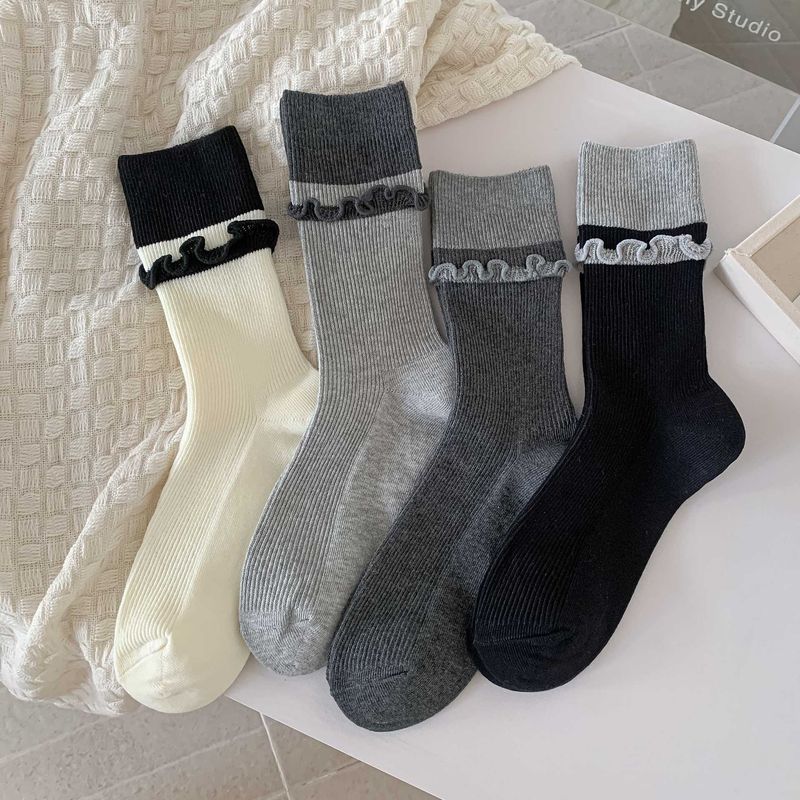 2025 Fall/Winter New Gray Lace Minimalist Contrast-Color Women's Socks_voghion.com