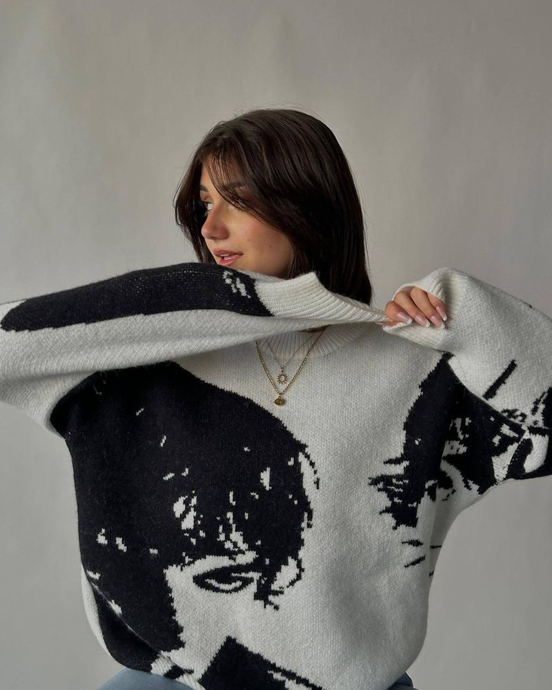 Pull ample – Tricot jacquard Portrait, décontracté et confortable (M/L/XL, blanc, essentiel automne et hiver)_voghion.com