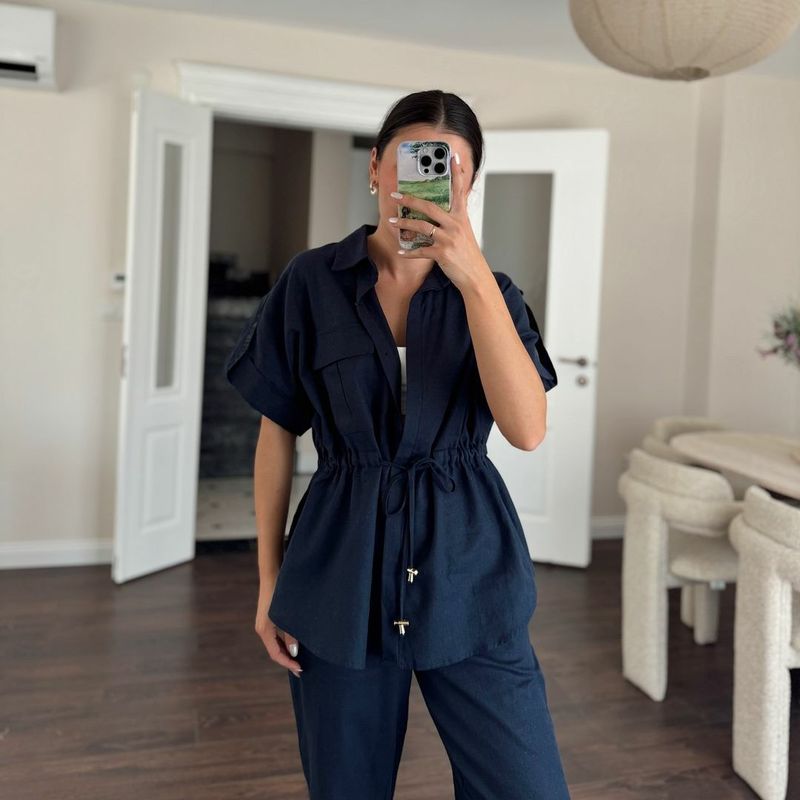 Women's Clothing Casual Workwear Pocket Drawstring Short Sleeved Shirt Trousers Summer Two Piece Suit_voghion.com