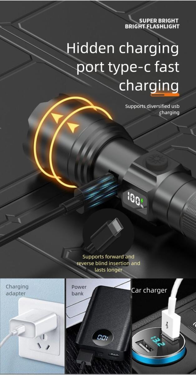 Neue LED-Taschenlampe mit hoher Helligkeit, wiederaufladbar über USB, ultrahell, für den Außenbereich, für den Heimgebrauch, Notfall-Gaslicht, Fernscheinwerfer_voghion.com