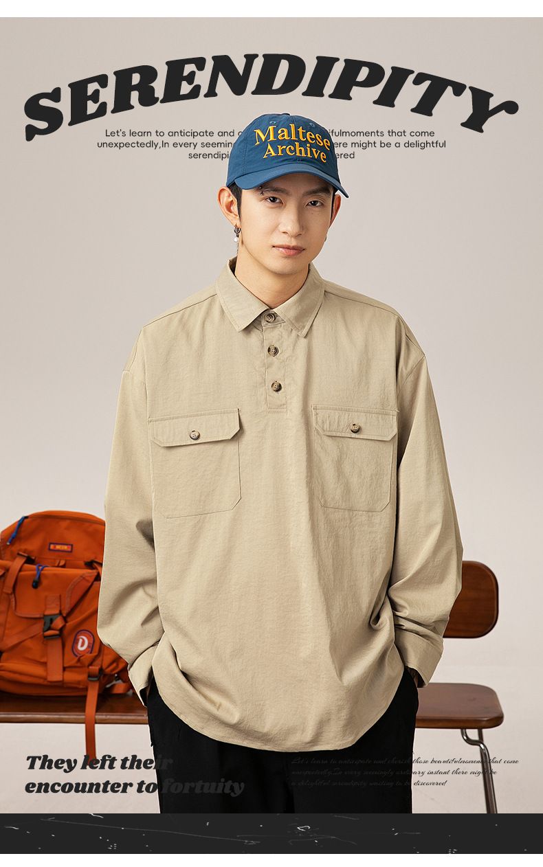 Vintage-Inspired Half Button Down Shirt, Oversized Casual Long Sleeve Shirt With Flap Pockets, Spring Layering Essential_voghion.com