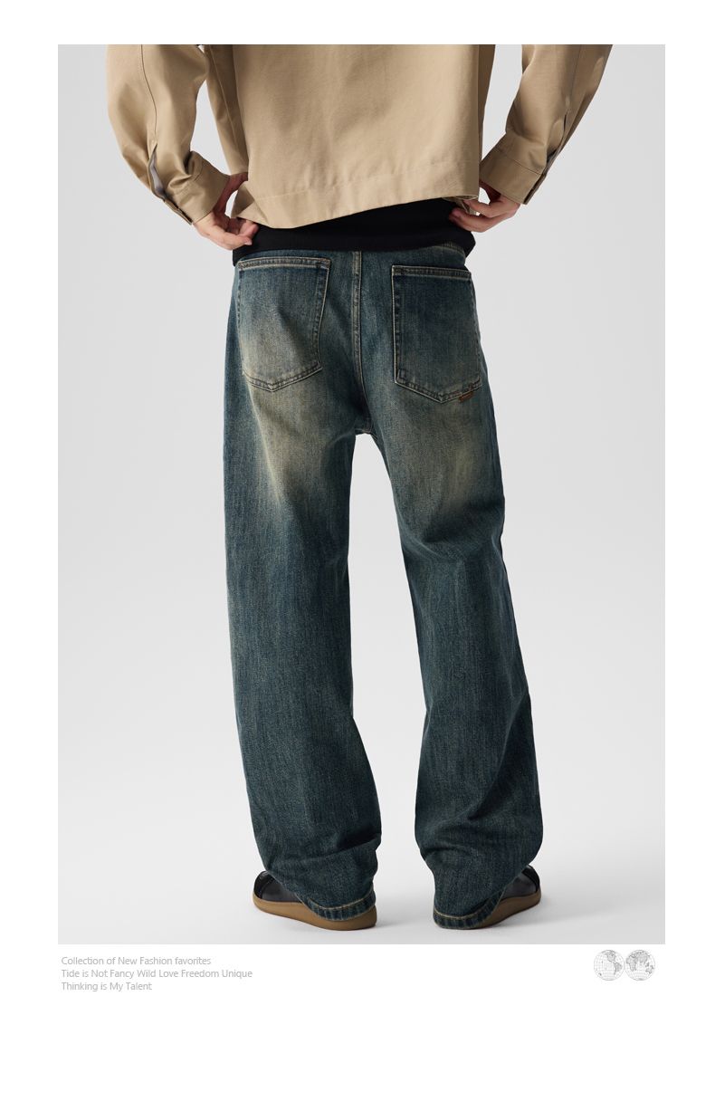 Jeans elasticizzati CLeanfit da uomo, larghi e dritti, Harlan, alla moda, lunghi, a vita media, stile retrò americano, lavato, K11, denim, otto cilindri, Xiansen Zhi Clothes_voghion.com