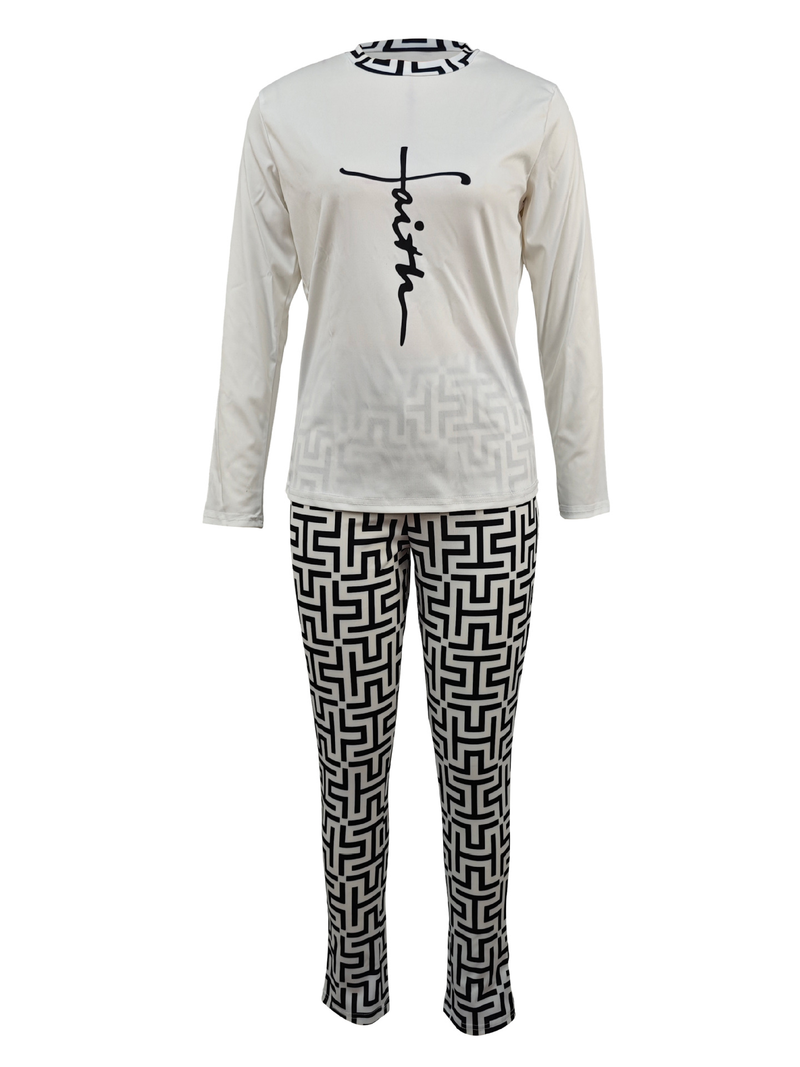 Pantalon à manches longues à motif imprimé de lettres à la mode pour femmes_voghion.com