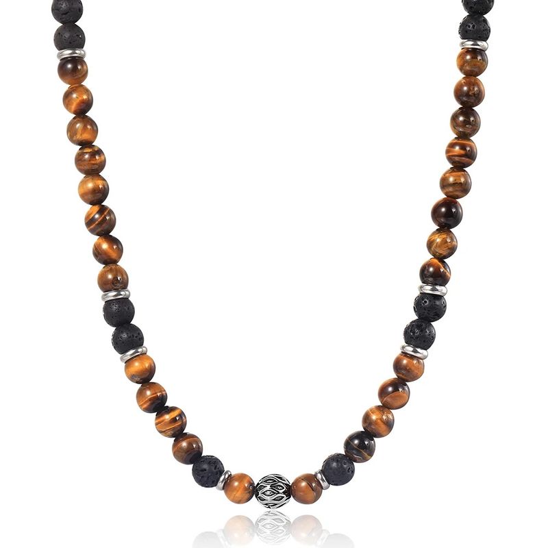 Collana di perline fatta a mano con foro passante in argento tibetano, perline distanziatrici in pietra vulcanica, collana di pietra naturale con occhio di tigre e incoraggiamento._voghion.com