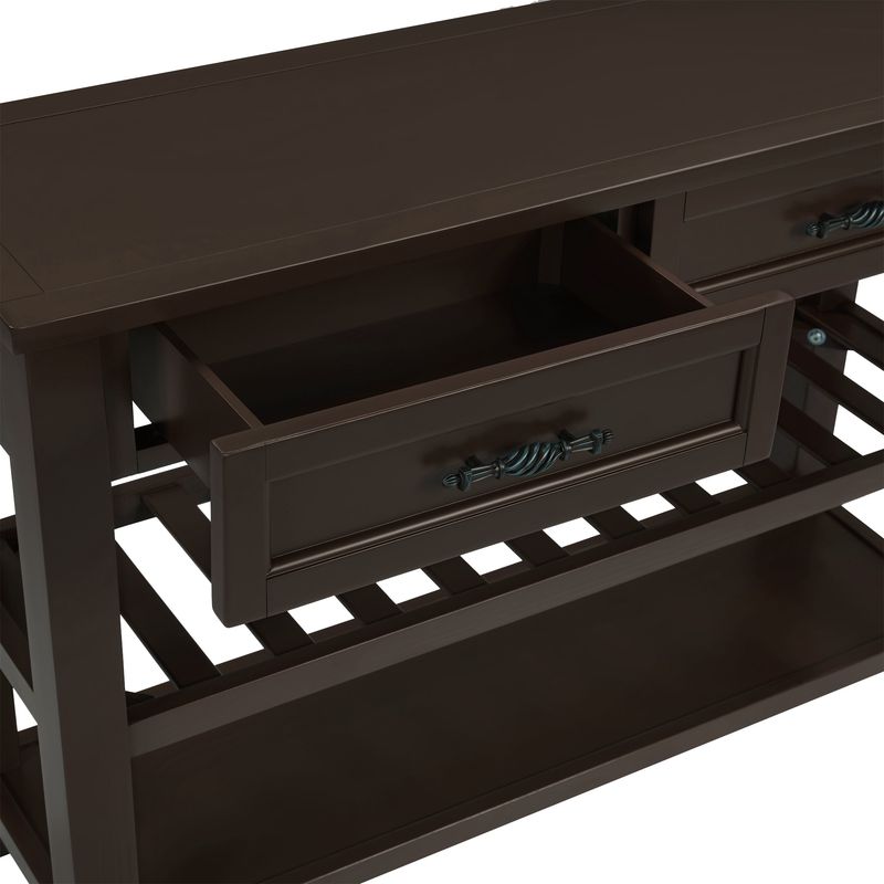 Retro Design Console Table With Two Open Shelves, Pine Solid Wood Frame And Legs For Living Room_voghion.com