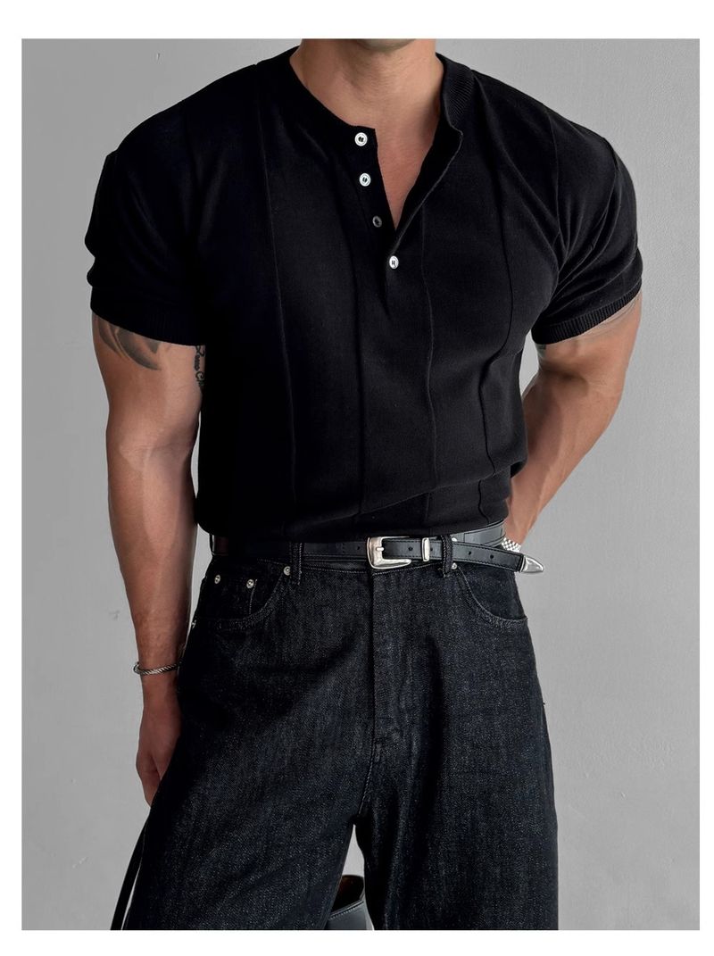 Henry Collar Slim Fit Knitted Short Sleeved T Shirt For Men 2025 Summer New Style Light Mature Style Business Commuting All Match T Shirt_voghion.com