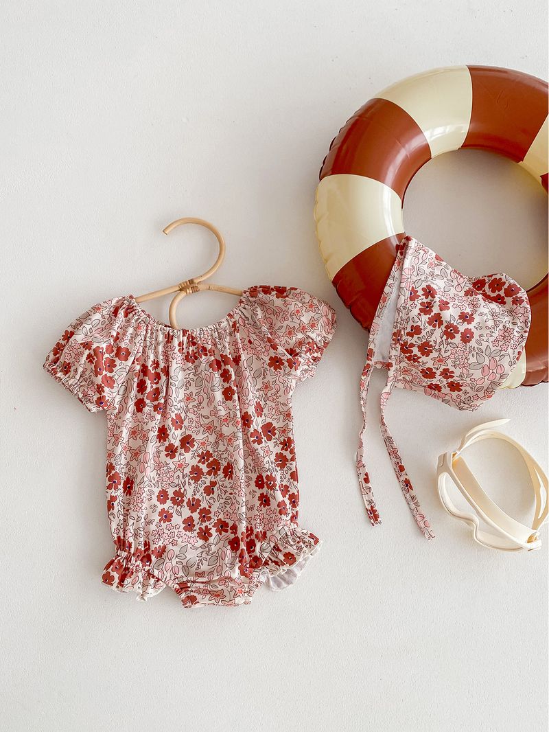 Maillot de bain d'été coréen pour filles, bulle à la mode pour bébé, mignon, manches courtes, une pièce enveloppée, bas, imperméable, chapeau de natation_voghion.com