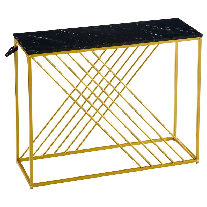 Console noire avec pieds dorés, 100 x 35 x 77 cm, table d'entrée en MDF brillant, table de couloir, buffet, table d'appoint, style vintage_voghion.com
