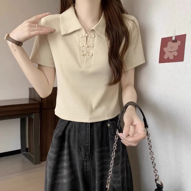 New buckle Chinese style sleeved T-shirt for women in summer 2024, covering the belly and showing off thinness, short_voghion.com