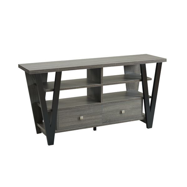 Tall TV Stand Cabinet With Two Drawers On Metal Glides Metal Square Knob Handles And Two Divided Shelf Tiers_voghion.com